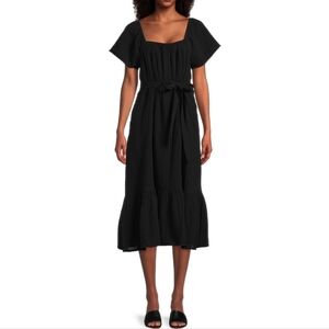 Time And Tru Flutter Sleeve Textured Tie Belt Flounce Dress, Black Soot Sz M NWT